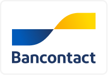 Bancontact-Logo mit einer blauen und gelben abstrakten Form über dem Wort "Bancontact" in fetten, dunkelblauen Buchstaben auf weißem Hintergrund.