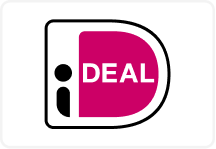 Logo von iDEAL, einem niederländischen Online-Zahlungssystem, mit einem stilisierten kleinen i in schwarzer Schrift auf der linken Seite und dem Wort DEAL in weißen Buchstaben innerhalb eines rosa, abgerundeten D auf der rechten Seite.