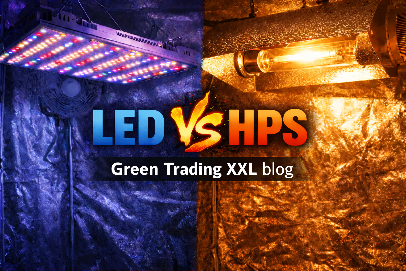 LED und HPS werden zum Vergleich abgebildet, mit einer LED-Wachstumslampe auf der linken Seite und einer HPS-Lampe auf der rechten Seite. Beide Lampen sind vor einem Hintergrundtuch platziert, das die Neigung der Lichtfarbe und -intensität betont. Die LED-Lampe ist in einem kalten, blauen Farbton gehalten, während die HPS-Lampe einen warmen, orangefarbenen Schein hat. Die Abbildung veranschaulicht die Unterschiede in der Beleuchtungstechnologie, was für die Anwendung in der Landwirtschaft und im Innenanbau relevant ist.