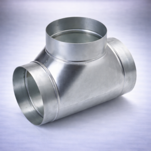 T-stuk van metaal, geschikt voor ventilatiesystemen. Gemaakt van hoogwaardige, duurzame staal met een zilverachtige afwerking. Ontworpen voor het verbinden van luchtkanalen in een 90-graden hoek. Verkrijgbaar in diverse maten voor aanpassing aan verschillende systemen. Ideaal voor toepassingen in zowel commerciële als residentiële gebouwen, met aandacht voor energie-efficiëntie en milieuvriendelijkheid.