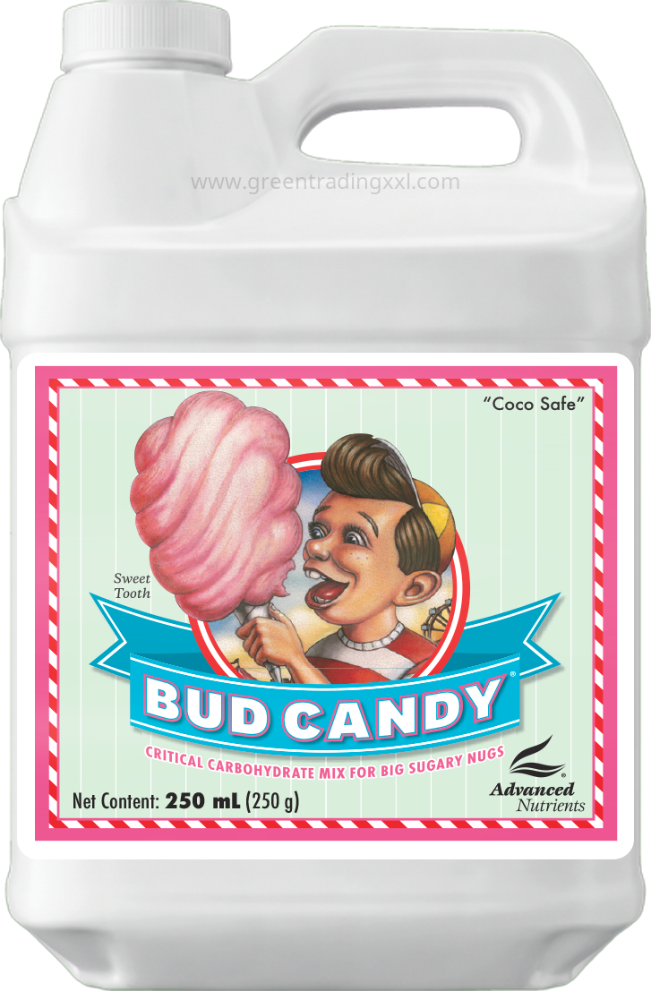 Advanced Nutrients Bud Candy 250 ml, witte plastic fles, vintage afbeelding van lachende jongen met roze suikerspin.