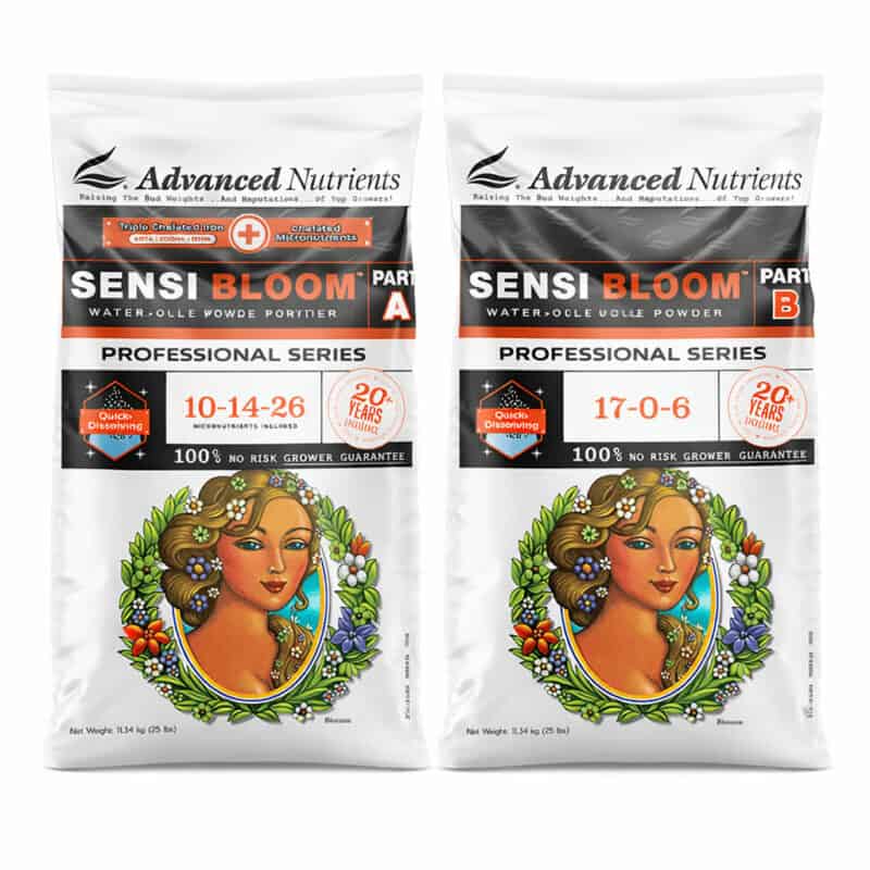 Sensi Bloom deel A en deel B zijn wateroplosbare poeders voor plantenverzorging, gepresenteerd in verpakkingen van 11,34 kg. Deel A bevat een voedingsformule met de NPK-waarden 10-14-26 en is ontworpen voor de bloeifase van planten. Deel B heeft NPK-waarden van 17-0-6 en biedt extra ondersteuning. Beide producten bevatten microvoedingsstoffen en zijn vervaardigd voor professionele kwekers. De poeders zijn snel oplosbaar in water, wat de toepassing vergemakkelijkt. De illustratieve ontwerpen op de verpakkingen benadrukken een esthetisch element, zonder de productfunctionaliteit te beïnvloeden. Deze producten zijn ontwikkeld om de opbrengst en kwaliteit van de groei te optimaliseren.