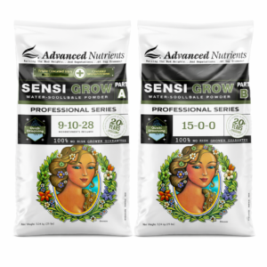 Sensi Grow A en B zijn wateroplosbare poeders van Advanced Nutrients, ontworpen voor de professionele kweker. Beide verpakkingen bevatten hoogwaardige meststoffen: Deel A heeft een NPK-waarde van 9-10-28 en bevat micronutriënten, terwijl Deel B een NPK-waarde van 15-0-0 bevat. Beide producten zijn bedoeld voor gebruik tijdens de vegetatieve fase van de plantengroei. De poeders zijn verpakt in 1,34 kg zakken en zijn snel oplosbaar in water, wat zorgt voor een eenvoudige toepassing. Het ontwerp van de verpakking omvat afbeeldingen van een vrouw, evenals kleurrijke bloemen en ornamenten, wat een aantrekkelijk visueel element toevoegt. Deze producten zijn gericht op een duurzame en efficiënte kweek, met een garantie voor een risicoloze ervaring voor de kweker.