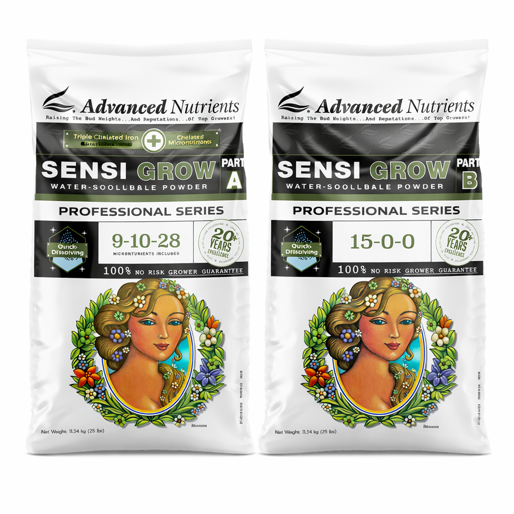 Sensi Grow A en B zijn wateroplosbare poeders van Advanced Nutrients, ontworpen voor de professionele kweker. Beide verpakkingen bevatten hoogwaardige meststoffen: Deel A heeft een NPK-waarde van 9-10-28 en bevat micronutriënten, terwijl Deel B een NPK-waarde van 15-0-0 bevat. Beide producten zijn bedoeld voor gebruik tijdens de vegetatieve fase van de plantengroei. De poeders zijn verpakt in 1,34 kg zakken en zijn snel oplosbaar in water, wat zorgt voor een eenvoudige toepassing. Het ontwerp van de verpakking omvat afbeeldingen van een vrouw, evenals kleurrijke bloemen en ornamenten, wat een aantrekkelijk visueel element toevoegt. Deze producten zijn gericht op een duurzame en efficiënte kweek, met een garantie voor een risicoloze ervaring voor de kweker.
