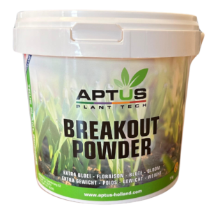 Aptus Breakout Powder, witte kunststofemmer, afbeelding van jonge groene planten, 1 kg, website onderaan etiket.