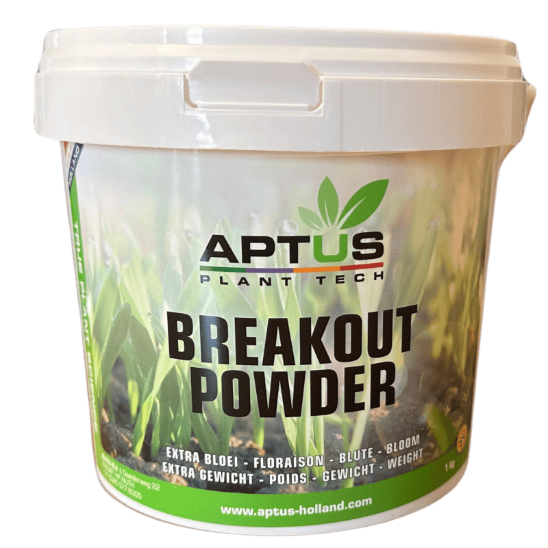 Aptus Breakout Powder, wit plastic emmer, 1 kg, groene plantenscheuten op het etiket.