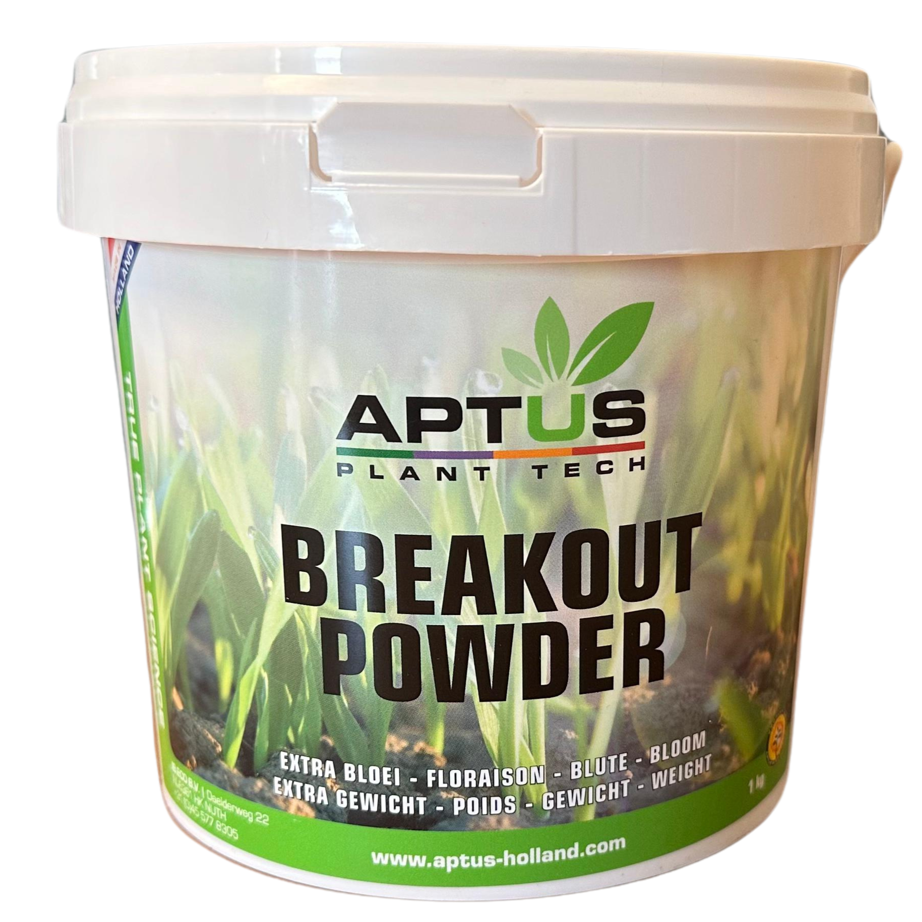 Aptus Breakout Powder, witte kunststofemmer, afbeelding van jonge groene planten, 1 kg, website onderaan etiket.