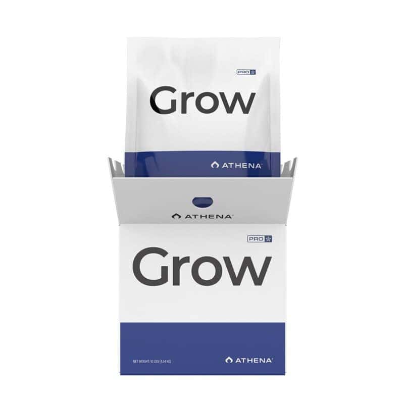 Een wit met blauwe doos met de naam Grow van Athena wordt geopend en onthult een bijpassende verpakking met de naam Grow. De verpakking is strak en minimalistisch, met een prominente merknaam.