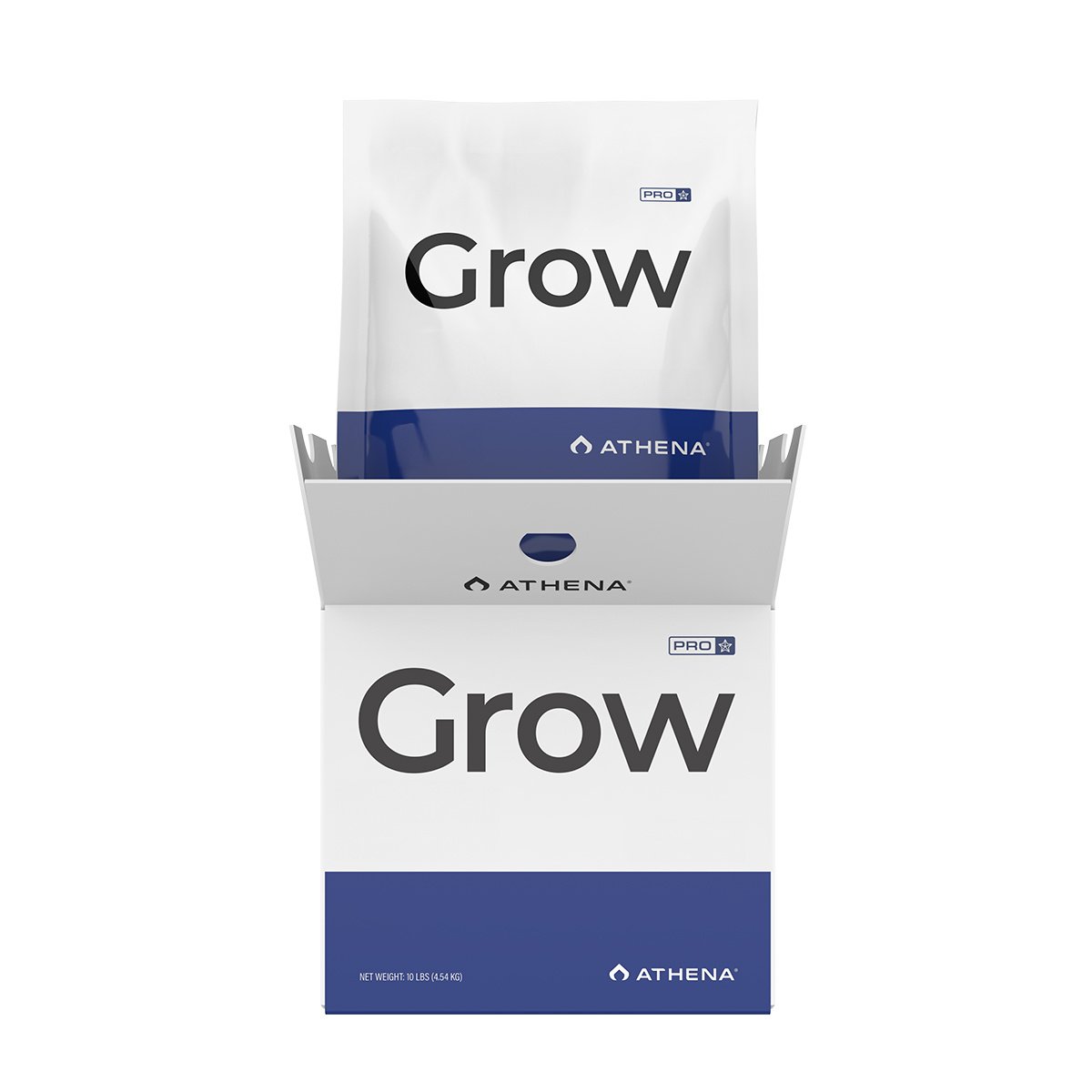 Een wit met blauwe doos met de naam Grow van Athena wordt geopend en onthult een bijpassende verpakking met de naam Grow. De verpakking is strak en minimalistisch, met een prominente merknaam.