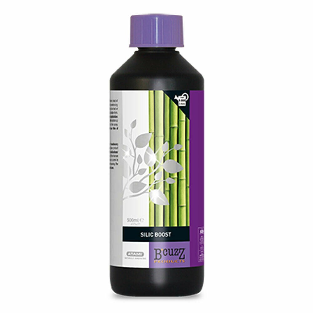 Silic Boost van Bcuzz is een voedingsadditief in een fles van 500 ml. Dit product is ontwikkeld voor de verbetering van de plantengroei, gebruikmakend van silicium als hoofdingrediënt. Het is geschikt voor verschillende soorten planten en draagt bij aan de weerstand en robuustheid van de planten. De verpakking heeft een zwarte ondergrond met een paarse dop, en is voorzien van duidelijke instructies en informatie over de applicatie. Silic Boost benadrukt duurzame teeltmethoden en is milieuvriendelijk.