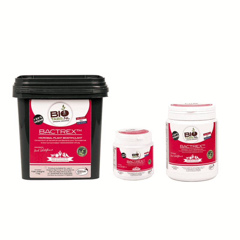Drie containers Bio Tabs Bactrex microbiële plantversterker, elk in verschillende maten, met zwarte deksels en rood-witte etiketten met productinformatie en certificeringen, tegen een witte achtergrond.