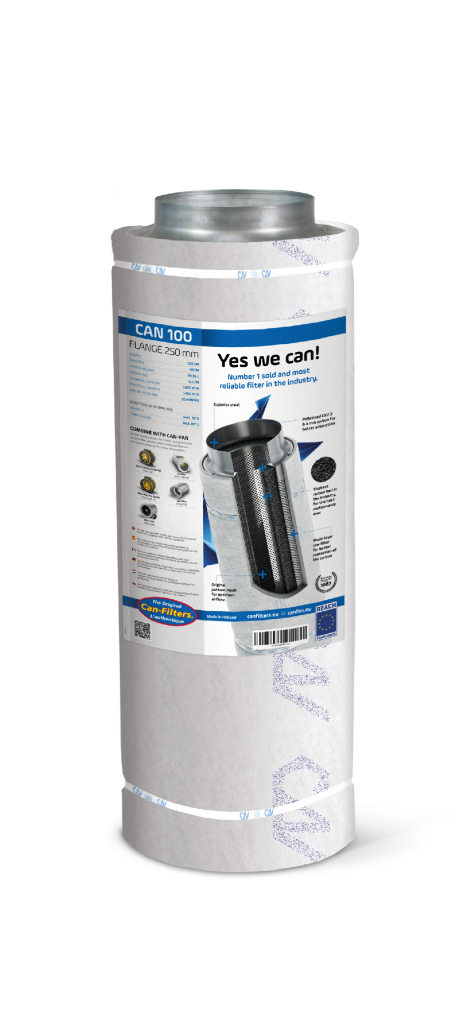 Can-filter met een diameter van 250 mm en een hoogte van 100 cm, ontworpen voor luchtfiltratie in kweekomgevingen. Gemaakt van hoogwaardige materialen, het heeft een actieve koolstoflaag voor effectieve geur verwijdering. Geschikt voor gebruik in combinatie met ventilatiesystemen en biedt optimale luchtstroom voor een efficiënte werking. Duurzaam product met een lange levensduur, ideaal voor zowel commerciële als particuliere toepassingen in de tuinbouw.