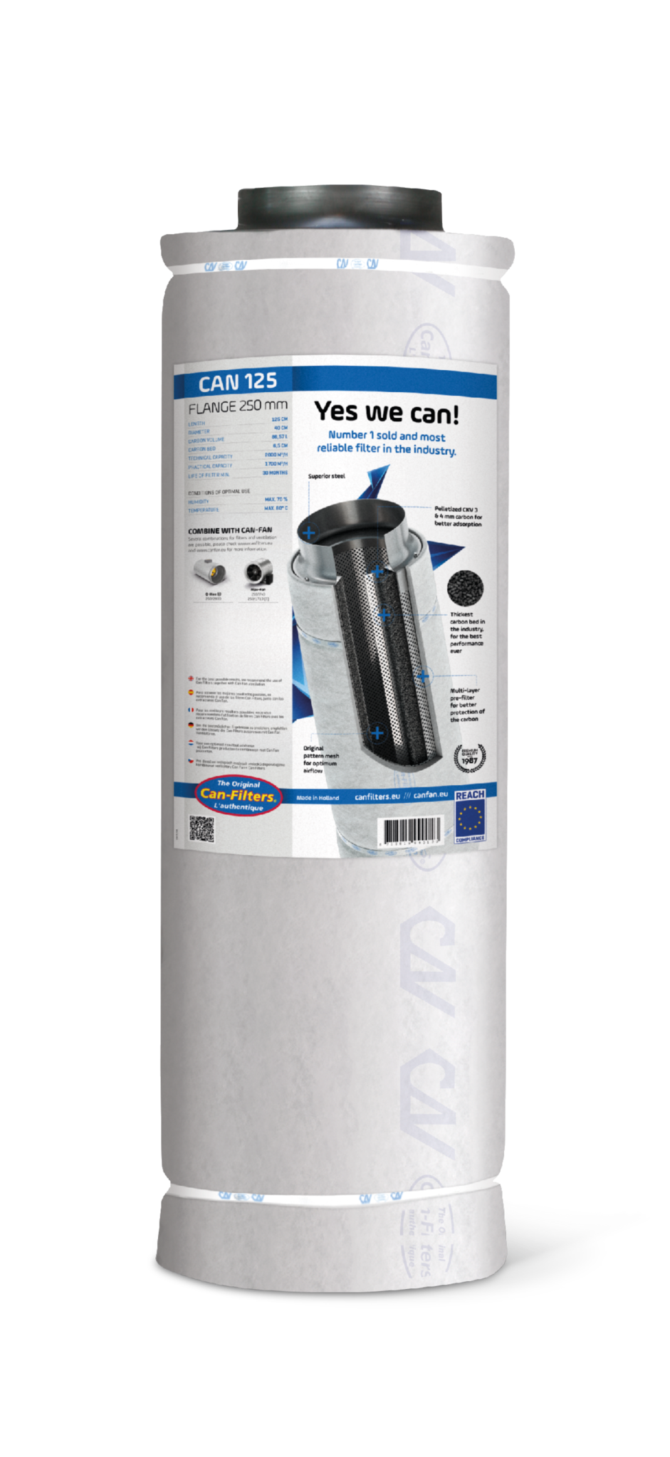 Aktivkohlefilter Can 125 met een flens van 250 mm. Dit product is geschikt voor luchtfiltratie in kassen en kweekruimtes. Het filter is vervaardigd uit hoogwaardig staal en polyethyleen, met een inhoud van 28 liter en een maximaal luchtdebiet van 1.700 m³/h. De multi-layer pre-filter zorgt voor een betere bescherming van de actieve kool. Het filter heeft een levensduur van tot 30 maanden, afhankelijk van gebruik en omstandigheden. Duurzaam geproduceerd in Nederland en voldoet aan REACH-normen.