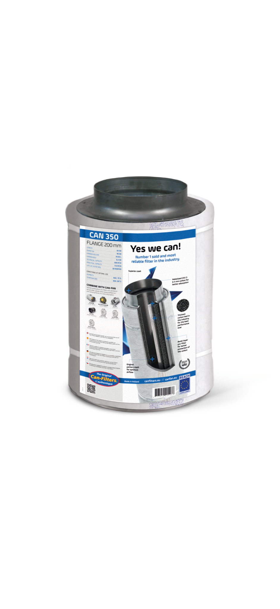 Aktivkohlefilter Can 350 met een flensdiameter van 200 mm, ontworpen voor effectieve luchtzuivering. Het filter heeft een hoogwaardige constructie met een verzegelde behuizing voor maximale efficiëntie. Geschikt voor gebruik in verschillende ventilatiesystemen, ideaal voor kweekruimtes. Duurzaam geproduceerd en biedt uitstekende geurabsorptie dankzij de dikke actieve koollaag.