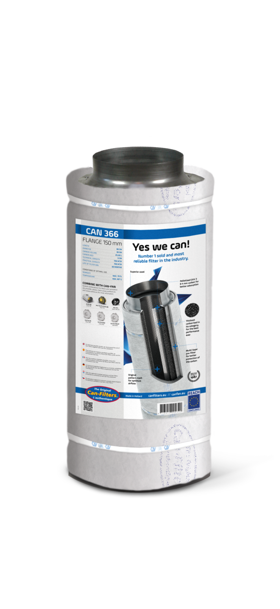 CAN 366 ventilatiefilter met een flensdiameter van 150 mm, ontworpen voor efficiënte luchtzuivering. Het filter is vervaardigd van hoogwaardig staal en is gepast voor diverse toepassingen in de ventilatie- en luchtbehandelingssector. De afmetingen zijn 60 cm in lengte met een capaciteit van 700 m³/h en een maximale temperatuur van 70 °C. Dit product biedt duurzame prestaties met een multi-laags actieve kool structuur voor optimale absorptie van geur- en verontreinigende stoffen. Geschikt voor gebruik in combinatie met CAN-FAN systemen, maakt dit filter deel uit van een milieuvriendelijke oplossing voor luchtkwaliteit.