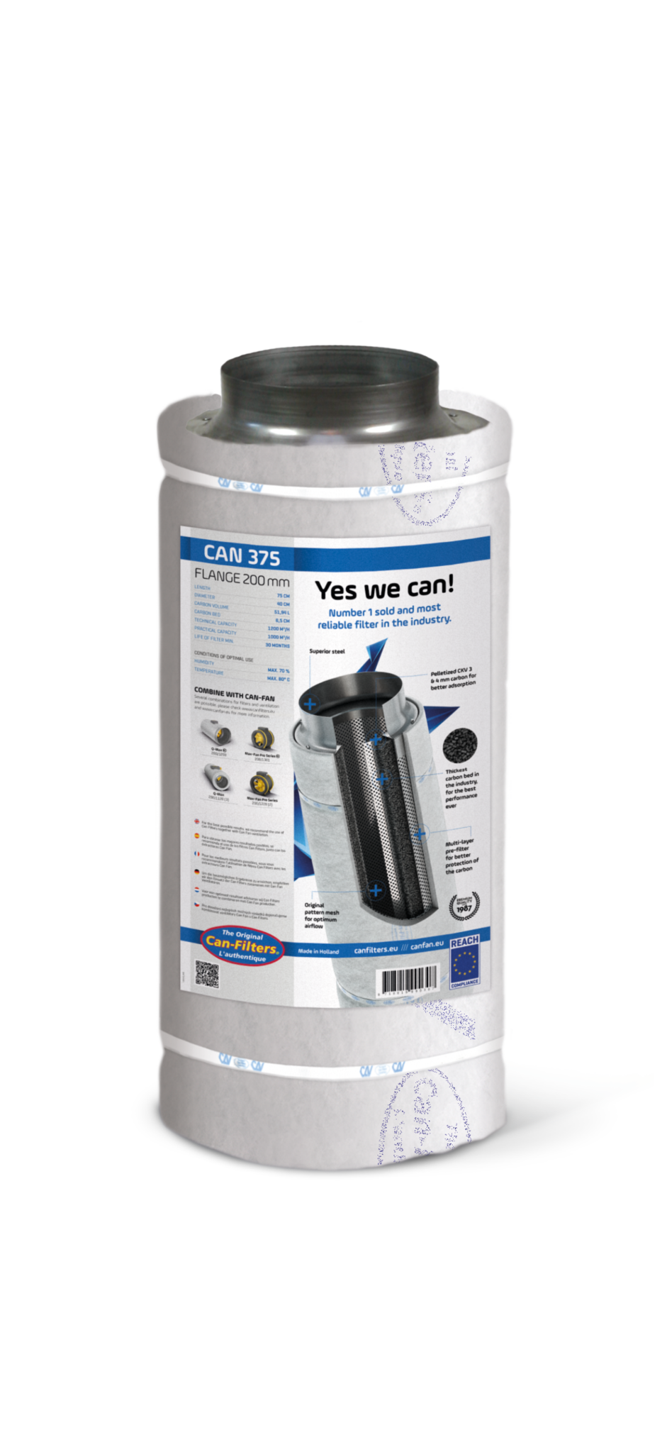 Flensfilter Can 375 met een diameter van 200 mm. Gemaakt van hoogwaardige materialen, waaronder geanodiseerd staal en actieve koolstof, wat zorgt voor uitstekende luchtfiltercapaciteit. Het filter heeft een technische capaciteit van 800 m³/h en is geschikt voor optimale ventilatie in bijvoorbeeld kweekruimtes. Dit product is ontworpen voor eenvoudige installatie en biedt duurzame luchtzuiveringseigenschappen. Geschikt voor gebruik tot een maximale temperatuur van 60°C.