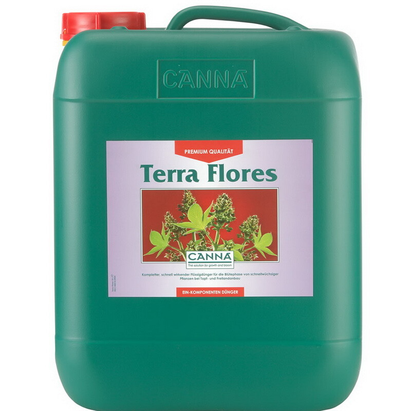 Terra Flores van Canna, een premium one-componenten meststof, ideaal voor de bloeifase van snelgroeiende planten. Dit product is verpakt in een groene kunststof container met een handvat en een inhoud van 10 liter. Het is speciaal ontworpen voor gebruik in aarde en bevordert de groei van weelderige, robuuste bloemen. Terra Flores is rijk aan essentiële voedingsstoffen, wat bijdraagt aan een optimale plantgezondheid. Dit product is milieuvriendelijk en bevordert duurzame tuintoepassingen.