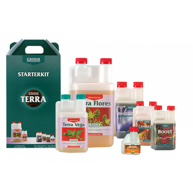 Starterkit van Canna Terra, bestaande uit zes flessen voedingsstoffen voor de tuinbouw. Inclusief Terra Vega en Terra Flores, beide in ruime verpakkingen, en aanvullingen zoals Rhizotonic, Cannazym, Boost en PK 13/14. Het pakket biedt een veelzijdige basis voor zowel de groeifase als de bloeifase van planten. De flessen zijn gemaakt van kunststof en zijn voorzien van gebruiksvriendelijke doppen. Geschikt voor zowel beginner als gevorderde kweker, met een focus op efficiënte, duurzame groei.