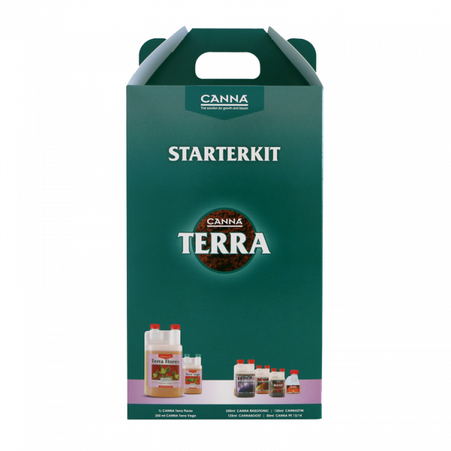Starterkit van Canna Terra, inclusief voeding en groeimiddelen voor planten. Het pakket bevat flessen met Canna Terra Vega en Canna Terra Flores, geschikt voor het kweken in aarde. De verpakking is ontworpen voor gebruiksgemak met een handvat en biedt een overzicht van de inhoud. Ideaal voor zowel beginners als ervaren kwekers die duurzame en effectieve teeltmethoden zoeken.