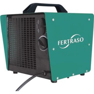 FERTRASO industrieller Heizer, groen-zwart, draaghendel bovenop, draaiknop en luchtroosters aan voorkant, aansluitkabel onderaan.