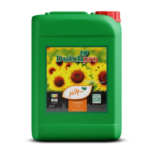 Ein grüner 5-Liter DutchPro pH-Behälter mit rotem Deckel, verziert mit Sonnenblumenbildern und farbenfrohen Etiketten. Dieser pH-Senker für Pflanzen ist vor einem schlichten weißen Hintergrund abgebildet. 