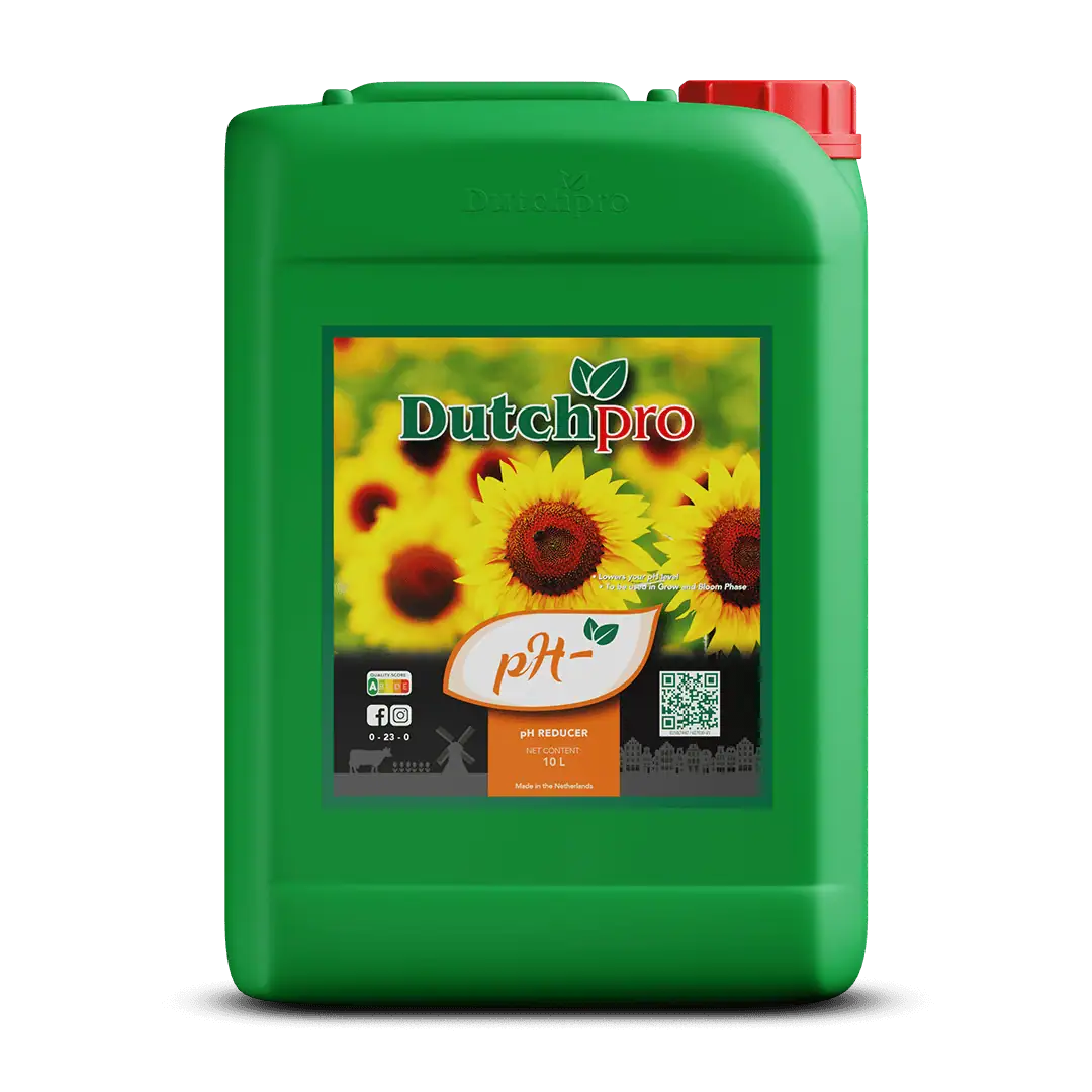 Ein grüner 5-Liter DutchPro pH-Behälter mit rotem Deckel, verziert mit Sonnenblumenbildern und farbenfrohen Etiketten. Dieser pH-Senker für Pflanzen ist vor einem schlichten weißen Hintergrund abgebildet.