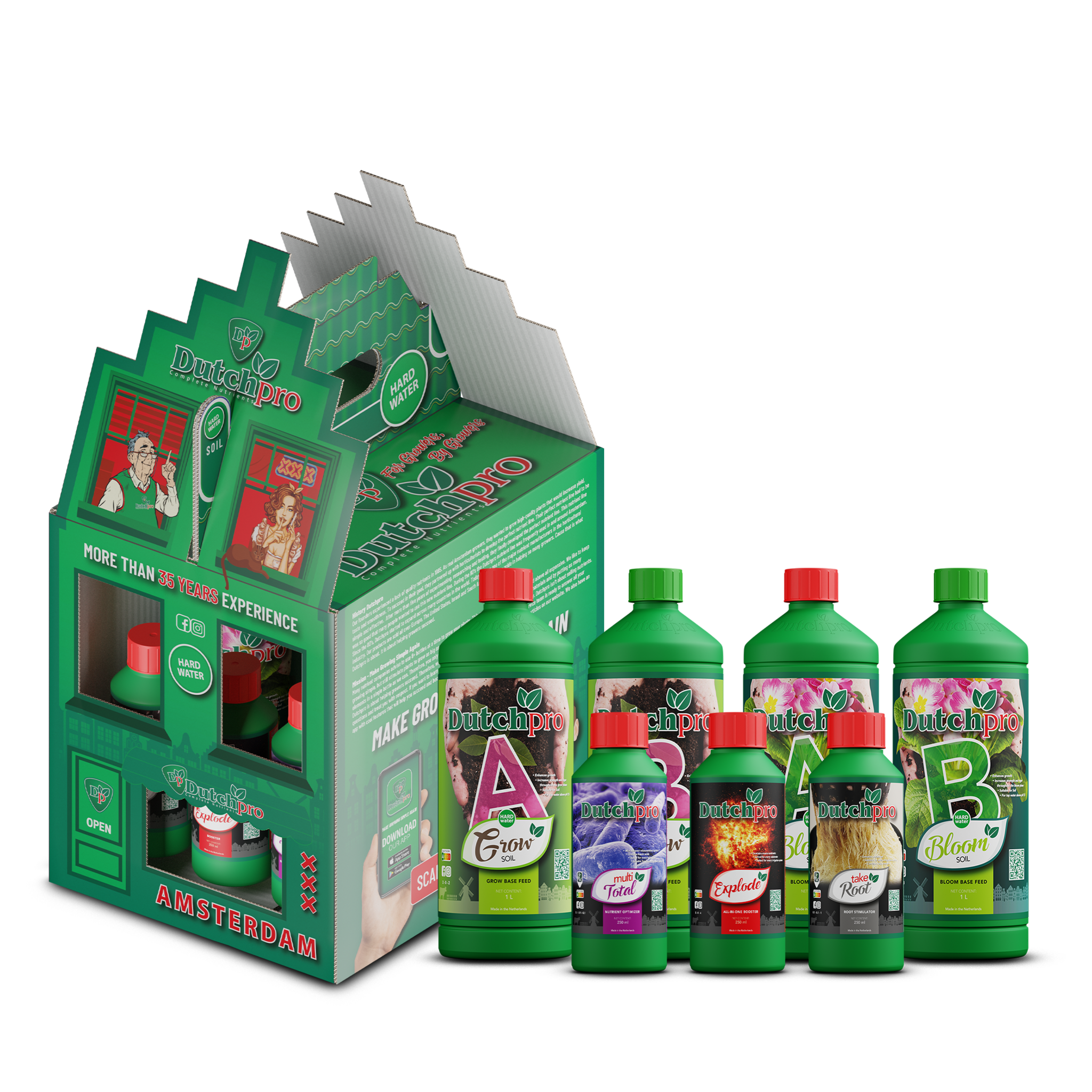 Produktset von Dutch Pro, bestehend aus Nährstoffen für Pflanzen in verschiedenen Flaschen. Das Set enthält die verschiedenen Flaschen: A und B Grow (jeweils 1 Liter), A und B Bloom (ebenfalls beide 1 Liter), eine Flasche Multi-Total und eine Flasche Explode. Dieses Produkt wurde speziell für den Anbau verschiedener Pflanzen entwickelt und ist sowohl für den Innen- als auch für den Außenbereich geeignet. Die Flaschen sind hauptsächlich grün mit klaren Etiketten und Informationen zum Inhalt. Das Produkt wurde für Anwender entwickelt, die ein optimales Pflanzenwachstum anstreben, und ist frei von schädlichen Substanzen, was zu einem umweltfreundlichen Ansatz im Gartenbau beiträgt.