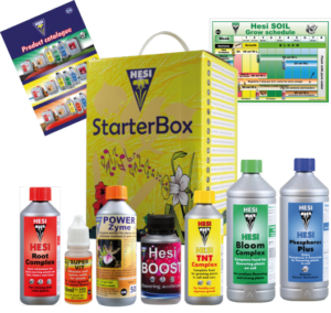 Starterbox van Hesi, een multifunctionele set voor plantenverzorging. De doos bevat verschillende voedingsstoffen en supplementen, waaronder Hesi Root Complex, Power Zyme, Hesi Boost, Hesi Bloom Complex, TNT Complex en Phosphorus Plus. Deze producten zijn ontworpen voor gebruik in de tuinbouw en bevorderen de groei en bloei van planten. De verpakking is kleurrijk en geeft gedetailleerde instructies voor gebruik. Geschikt voor zowel binnen- als buitentoepassingen. Alle producten zijn ontwikkeld met aandacht voor duurzaamheid en milieuvriendelijkheid.
