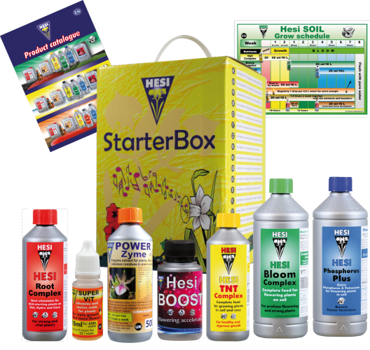 Starterbox van Hesi, een multifunctionele set voor plantenverzorging. De doos bevat verschillende voedingsstoffen en supplementen, waaronder Hesi Root Complex, Power Zyme, Hesi Boost, Hesi Bloom Complex, TNT Complex en Phosphorus Plus. Deze producten zijn ontworpen voor gebruik in de tuinbouw en bevorderen de groei en bloei van planten. De verpakking is kleurrijk en geeft gedetailleerde instructies voor gebruik. Geschikt voor zowel binnen- als buitentoepassingen. Alle producten zijn ontwikkeld met aandacht voor duurzaamheid en milieuvriendelijkheid.