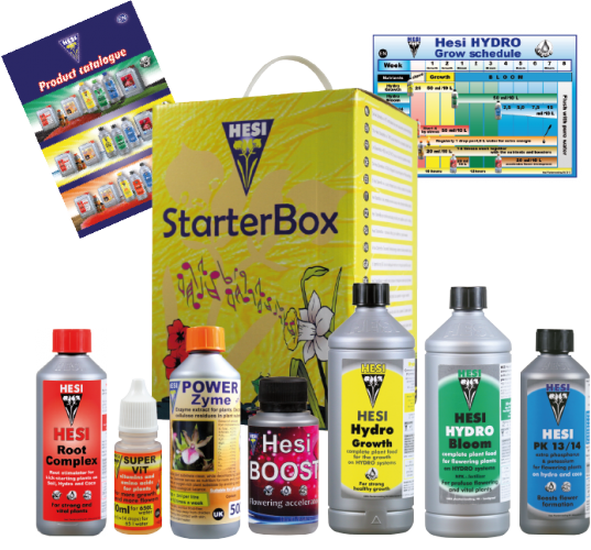 Starterbox van Hesi, inclusief diverse producten voor plantengroei en voeding. Bevat Hesi Root Complex, Power Zyme, Super Vit, Hesi Boost, Hydro Growth, Hydro Bloom en PK 13/14. Alle producten zijn ontworpen voor optimale groeicondities en bevatten duurzame, milieuvriendelijke ingrediënten. De verpakking is helder en herkenbaar, met een handvat voor gebruiksgemak. Geschikt voor zowel beginners als ervaren kwekers die hun plantengroei willen verbeteren. De set biedt een complete oplossing voor de verzorging van planten in hydrocultuur.
