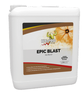 Hy-Pro Epic Blast is een vloeibaar plantvoedingsmiddel dat speciaal is ontwikkeld voor de bloeifase van planten. Het heeft een voedingswaarde van N1-P8-K7, wat optimaliseert de opname van nutriënten en bevordert de bloei. De verpakking bevat super fosfaten, wat zorgt voor extra energie en een betere celontwikkeling. Dit product is ontworpen voor gebruik in combinatie met kokosgrond en is beschikbaar in een witte kunststof container. Het formaat is geschikt voor langdurig gebruik in de tuinbouw.