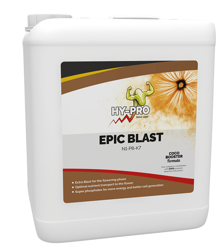 Hy-Pro Epic Blast is een vloeibaar plantvoedingsmiddel dat speciaal is ontwikkeld voor de bloeifase van planten. Het heeft een voedingswaarde van N1-P8-K7, wat optimaliseert de opname van nutriënten en bevordert de bloei. De verpakking bevat super fosfaten, wat zorgt voor extra energie en een betere celontwikkeling. Dit product is ontworpen voor gebruik in combinatie met kokosgrond en is beschikbaar in een witte kunststof container. Het formaat is geschikt voor langdurig gebruik in de tuinbouw.