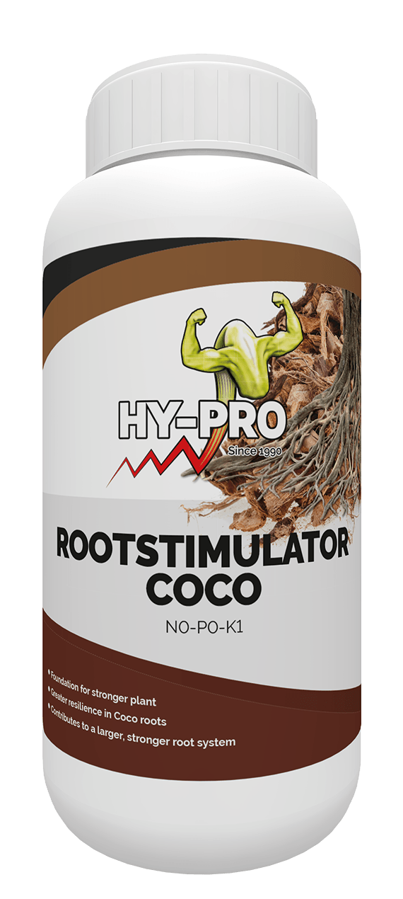 Wortelstimulator voor kokosplanten van HY-PRO, verpakt in een stevige kunststof fles van 1 liter. Het product is bedoeld voor de verbetering van het wortelstelsel van planten. Met ingrediënten die de weerstand van wortels in kokos verhogen, draagt het bij aan een groter en sterker wortelsysteem. Geschikt voor gebruik in kokosmedium voor optimale plantgroei. Deze stimulator ondersteunt de ontwikkeling van sterke en gezonde planten.