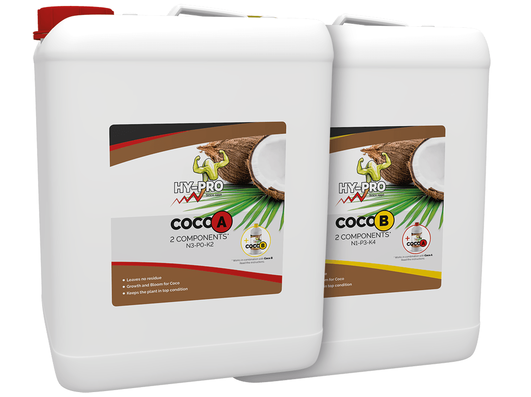 **Hy-Pro Coco A en B – Twee componenten meststoffen**Set van twee opslagflessen, 1 liter per stuk, voor de Taiwanese kokosgrond. Coco A (N3-P0-K2) en Coco B (N1-P3-K4) zijn speciaal ontwikkeld voor de verzorging van planten in een kokosmedium. Beide producten bevatten essentiële voedingselementen die de groei en bloei van planten bevorderen zonder residu achter te laten. Deze natuurrijke meststoffen zijn geschikt voor gebruik in duurzame tuinbouw.Ideaal voor hobbyist en professionele telers die streven naar optimale plantgezondheid en resultaat.