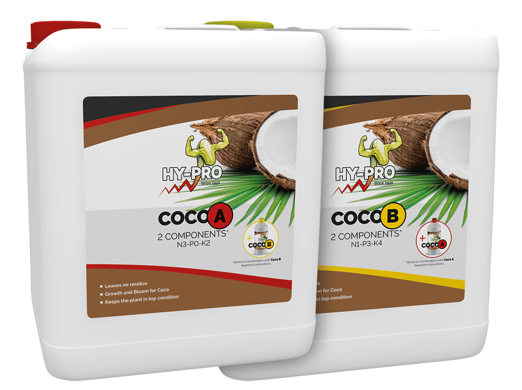 **HY-PRO Coco A en Coco B - 2 Componenten Voedingsstoffen voor Planten**Set van twee flessen, HY-PRO Coco A en Coco B, voor de verzorging van planten in kokosmedium. Beide flessen zijn gemaakt van stevig plastic. Coco A bevat de voedingsstoffen N3-PO-K2 en is bedoeld voor de groeifase, terwijl Coco B N1-P3-K4 bevat en zich richt op de bloeifase. De producten zijn ontworpen om optimaal te presteren in combinatie met elkaar. Zowel Coco A als B zijn vrij van residu en ondersteunen de groei en bloei van planten, waardoor ze in topconditie blijven. Deze voedingsstoffen zijn geschikt voor zowel hobby- als professionele kwekers.