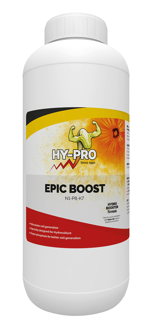 Hy-Pro Epic Boost is een voedingssupplement voor planten, speciaal ontwikkeld voor hydroponische systemen. De inhoud van de verpakking, 1 liter, is een combinatie van stikstof (N1), fosfor (P8) en kalium (K7), wat de celgeneratie stimuleert. Het product is ontworpen om een optimale groei te bevorderen en bevat superfosfaat voor betere celontwikkeling. De kunststof fles heeft een stevige vorm en een duidelijke etikettering voor gebruiksgemak.
