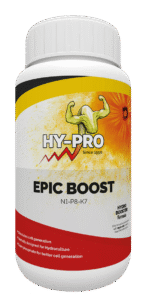 **Hy-Pro Epic Boost - 1 Liter**: Een vloeibare voedingssupplement voor hydrocultuur. Bevat stikstof (N), fosfor (P) en kalium (K) in een verhouding van 1-8-7. Speciaal ontwikkeld om celvorming te stimuleren en de groei van planten te bevorderen. Dit product bevat superfosfaat voor een betere celgeneratie en is 1 liter in volume. Geschikt voor gebruik in combinatie met Hy-Pro A&B.