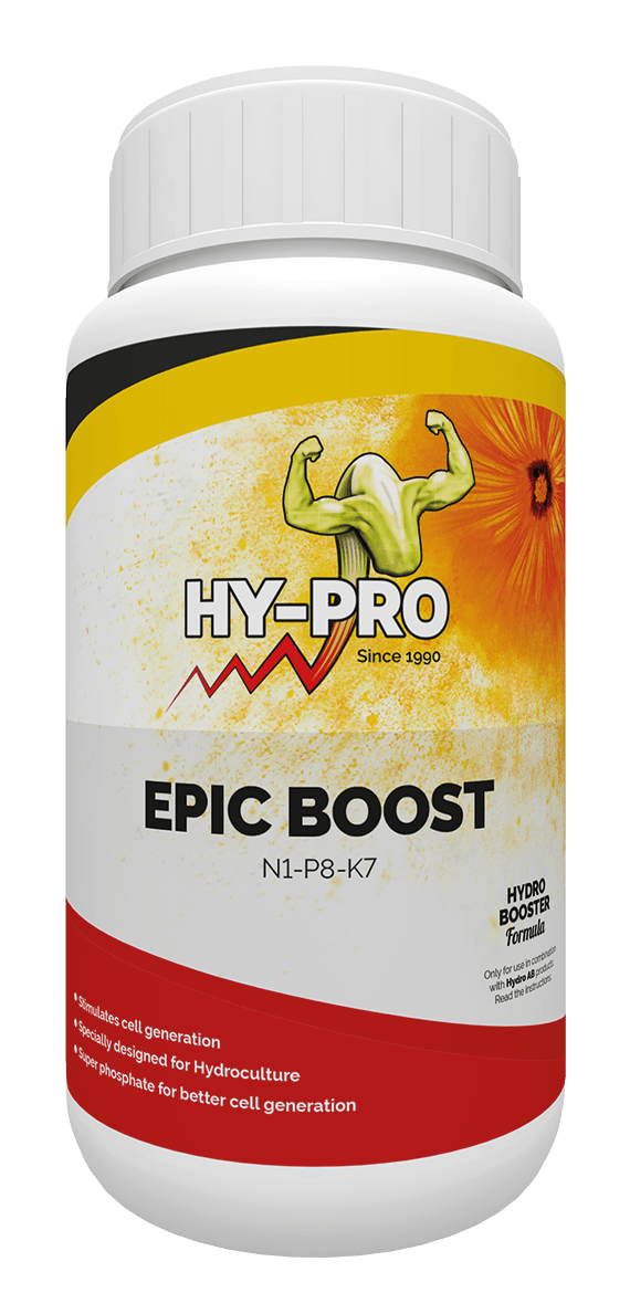 **Hy-Pro Epic Boost - 1 Liter**: Een vloeibare voedingssupplement voor hydrocultuur. Bevat stikstof (N), fosfor (P) en kalium (K) in een verhouding van 1-8-7. Speciaal ontwikkeld om celvorming te stimuleren en de groei van planten te bevorderen. Dit product bevat superfosfaat voor een betere celgeneratie en is 1 liter in volume. Geschikt voor gebruik in combinatie met Hy-Pro A&B.