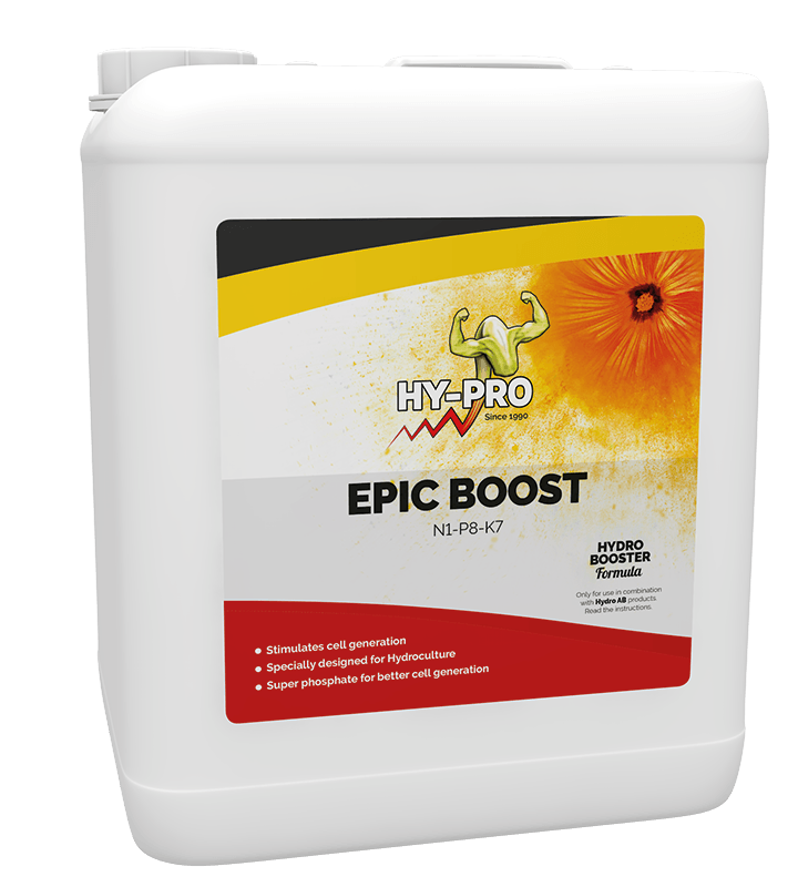 HY-PRO Epic Boost is een vloeibare voeding voor hydrocultuur, verpakt in een witte kunststof kan van 1 liter. Deze formule bevat stikstof (N), fosfor (P) en kalium (K) in de verhouding N1-P8-K7, en is ontworpen om de celgeneratie van planten te stimuleren. De speciale samenstelling met superfosfaten bevordert een efficiënte groei, ideaal voor het kweken van diverse gewassen in een gecontroleerde omgeving. Het product benadrukt duurzaamheid en milieuvriendelijkheid door de focus op effectieve voeding zonder schadelijke stoffen.