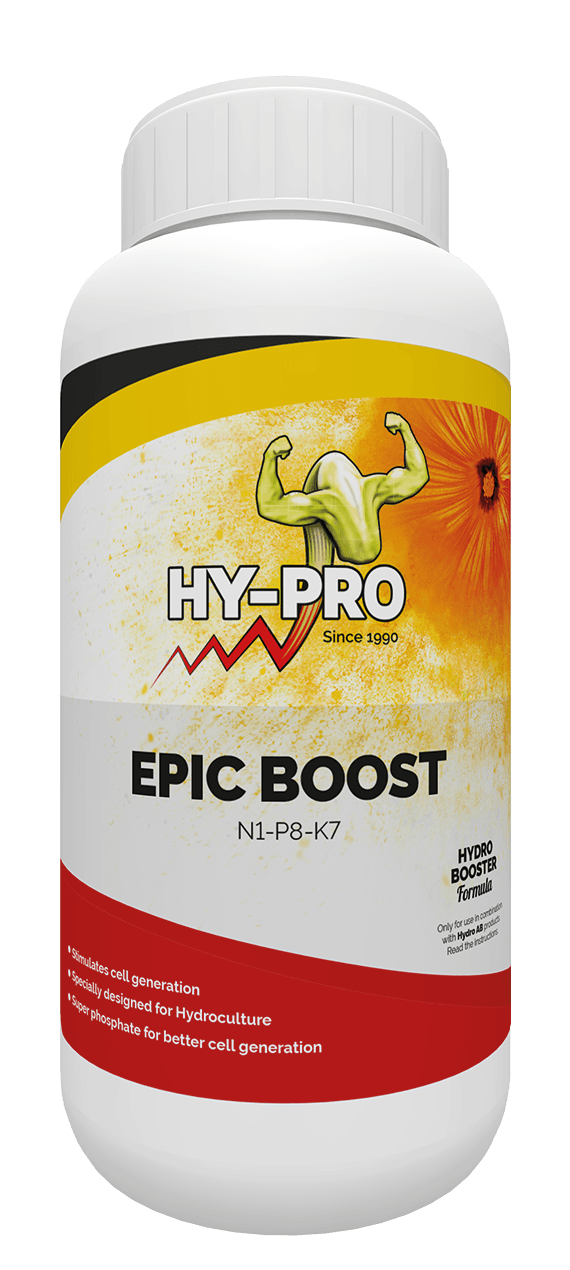 HY-PRO Epic Boost, een voedingssupplement voor hydrocultuur, stimuleert de celgeneratie met een NPK-verhouding van 1-8-7. De verpakking bevat een fles van 1 liter, vervaardigd uit kunststof. Dit product is speciaal ontwikkeld om de groei van planten in een hydrocultuursysteem te optimaliseren, met gebruik van superfosfaat voor verbeterde celproductie. De kleuren op de verpakking zijn helder geel, rood en wit, met opvallende grafische elementen die de merkidentiteit benadrukken.