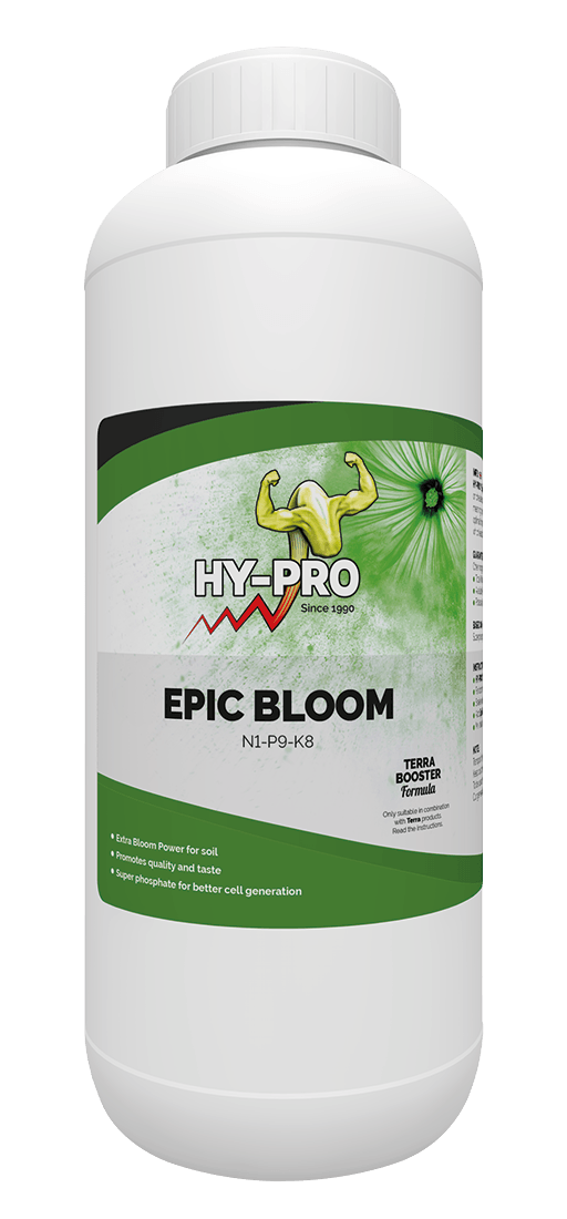 Hy-Pro Epic Bloom is een voedingsmiddel voor planten dat speciaal is ontwikkeld voor gebruik in de grond. Het product bevat een uitgebalanceerde formule met een NPK-verhouding van 1-9-8, die extra bloempower biedt. Dit product bevordert zowel de kwaliteit als de smaak van de geoogste planten. Tevens bevat het superfosfaat, wat de celgeneratie verbetert. De verpakking is een witte kunststof fles met een veilige afsluitdop en is ontworpen voor gebruiksgemak.