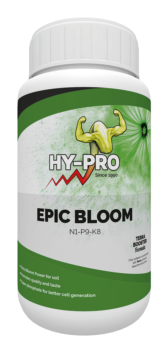 Hy-Pro Epic Bloom is een voedingsproduct voor planten, ontworpen om de bloei te bevorderen. Dit product bevat de voedingswaarden N1-P9-K8 en is speciaal ontwikkeld voor gebruik in de grond. De verpakking is een witte container met groene accenten en een schroefdop, met een inhoud van 1 liter. Epic Bloom draagt bij aan de kwaliteit en smaak van de planten en bevat superfosfaat ter ondersteuning van betere celgeneratie. Het product is milieuvriendelijk en richt zich op een duurzame teelt.