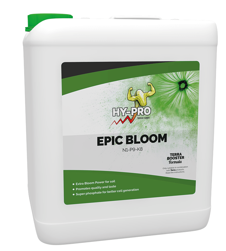 Hy-Pro Epic Bloom is een vloeibare voedingsoplossing voor bloeiende planten, ontworpen voor gebruik in de bodem. Dit product bevat belangrijke voedingsstoffen met een NPK-verhouding van 1-9-8. De verpakking is een witte kunststof kan met een inhoud van 5 liter en een groene dop. Epic Bloom bevordert de kwaliteit en smaak van de bloemen en bevat superfosfaat voor een betere celgeneratie. Het is speciaal ontwikkeld voor gebruik in combinatie met andere Terra Booster-formules en richtlijnen dienen te worden geraadpleegd voor optimale toepassing.