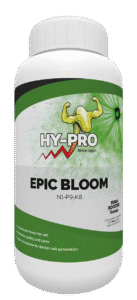 **HY-PRO Epic Bloom** - Voeding voor planten met een NPK-verhouding van 1-9-8. Geschikt voor gebruik in de bodem, deze formule bevordert de bloei en verbetert de smaak en kwaliteit van gewassen. Bevat extra fosfaat om de celgroei te optimaliseren. De verpakking is een kunststof fles met een inhoud van 1 liter, ontworpen voor gemak en precise dosering. Geschikt voor de duurzame tuinbouw.