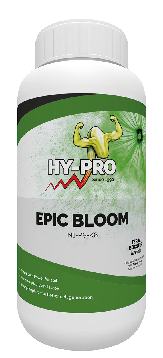 **HY-PRO Epic Bloom** - Voeding voor planten met een NPK-verhouding van 1-9-8. Geschikt voor gebruik in de bodem, deze formule bevordert de bloei en verbetert de smaak en kwaliteit van gewassen. Bevat extra fosfaat om de celgroei te optimaliseren. De verpakking is een kunststof fles met een inhoud van 1 liter, ontworpen voor gemak en precise dosering. Geschikt voor de duurzame tuinbouw.