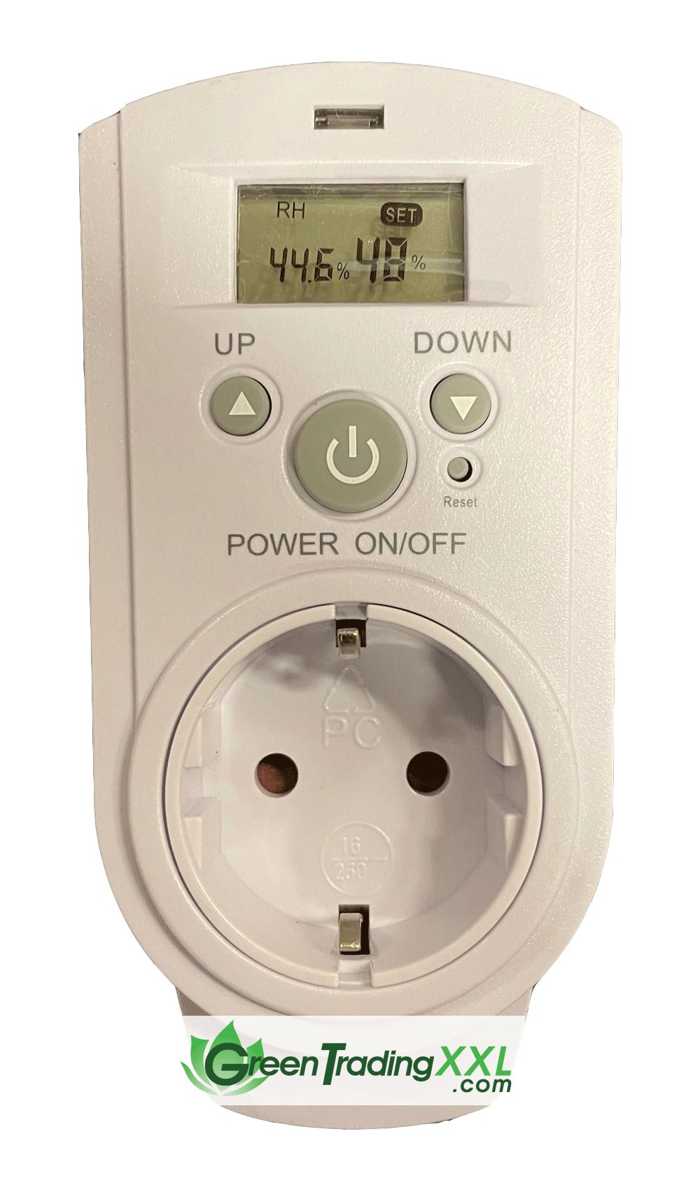 Luchtvochtigheidsregelaar met digitale display en aan/uit-schakelaar. Gemaakt van kunststof in de kleur wit. Voorzien van een stekkercontact met een capaciteit van 16A/250V. Het display toont actuele luchtvochtigheid en instelbare waarden. Geschikt voor gebruik in kassen of andere geïsoleerde ruimtes. Duurzaam en energiezuinig ontwerp. Ideaal voor het monitoren en regelen van de luchtvochtigheid in verschillende omgevingen.
