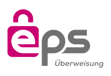 EPS-Logo, eine Zahlungsmethode in den Niederlanden und Österreich, mit einem Schlosssymbol und einem rosa-grauen Farbschema. Das Logo enthält den Text Überweisung, der sich auf die Überweisungsfunktion des Dienstes bezieht. Das Design ist modern und einfach, ausgerichtet auf Online-Sicherheit.