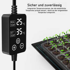 Een digitale temperatuurregelaar toont de werkelijke en ingestelde temperaturen in Celsius naast een zaaitray met jonge plantjes. De Duitse tekst hierboven beschrijft het apparaat als veilig en betrouwbaar met een geïntegreerde temperatuursensor.