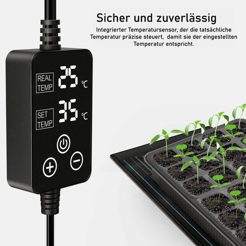 Een digitale temperatuurregelaar toont de werkelijke en ingestelde temperaturen in Celsius naast een zaaitray met jonge plantjes. De Duitse tekst hierboven beschrijft het apparaat als veilig en betrouwbaar met een geïntegreerde temperatuursensor.