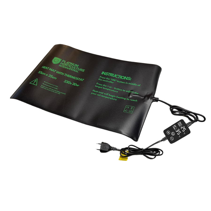 Een zwarte tuinbouwwarmtemat met groene tekst, bevestigd aan een digitale thermostaatregelaar en netsnoer. Op de mat staan gebruiksinstructies en productinformatie in het Engels.